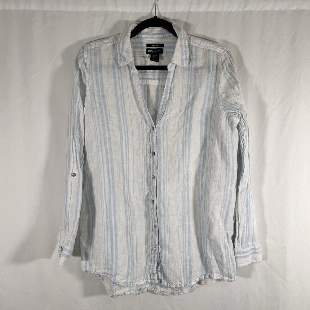 JNY Linen Blouse Women's Medium White Blue Striped Button Up Vneck Long Sleeve